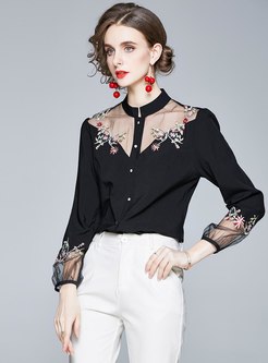 Transparent Mesh Embroidered Patchwork Blouse