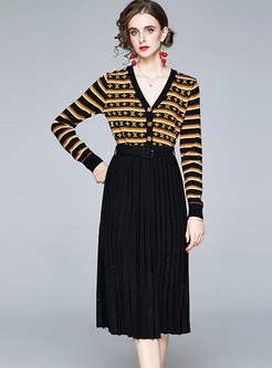 Striped Print Knitted Belted Pleated Skirt Suits