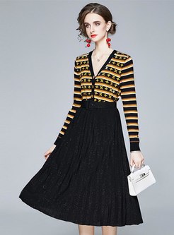 Striped Print Knitted Belted Pleated Skirt Suits