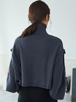 Turtleneck Pullover Ruffle Short Sweater