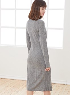 Long Sleeve Split Sheath Knitted Dress