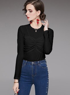 Solid Color Slim Pullover Ruched T-shirt