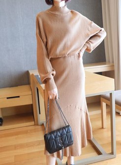 Long Sleeve Knitted Patchwork Ruffle Dress