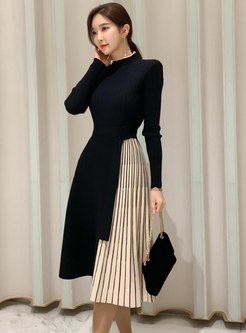 Color Block A Line Pleated Knitted Dress