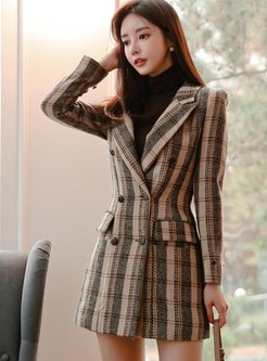 Work Plaid Double-breasted Short Peacoat