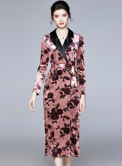 Notched Collar Velvet Printed Midi Dress