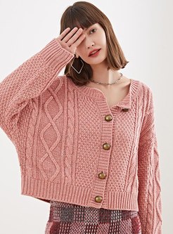 Crew Neck Single-breasted Knitted Cardigan