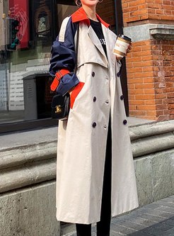 Lapel Color-blocked Long Trench Coat