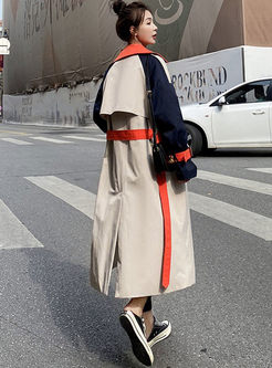 Lapel Color-blocked Long Trench Coat