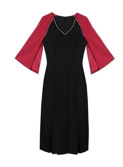 Flare Sleeve Color-blocked Beaded Cocktail Dress
