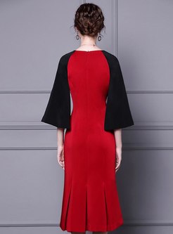 Flare Sleeve Color-blocked Beaded Cocktail Dress