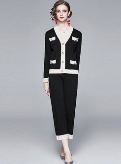 Color-blocked V-neck Knitted Pant Suits