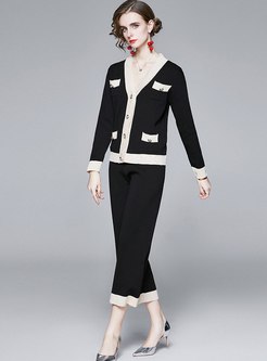 Color-blocked V-neck Knitted Pant Suits