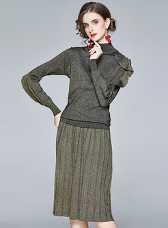 Mock Neck Ruffle Pleated Knitted Skirt Suits