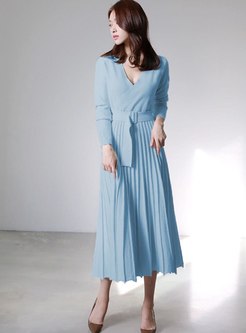 Long Sleeve Pleated Knitted Midi Dress