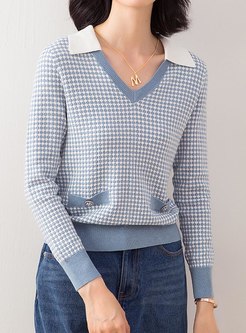 Color-blocked V-neck Plaid Pullover Sweater