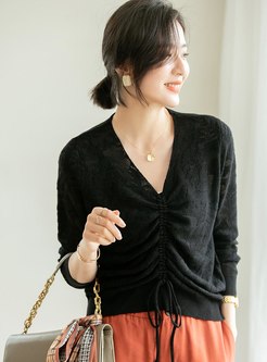 V-neck Pullover Drawstring Ruched Sweater
