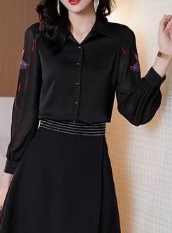 Turn Down Collar Embroidered Blouse