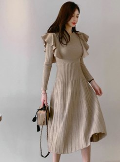Long Sleeve Ruffle A Line Knitted Dress
