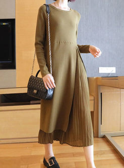Long Sleeve Knitted Pleated Shift Dress