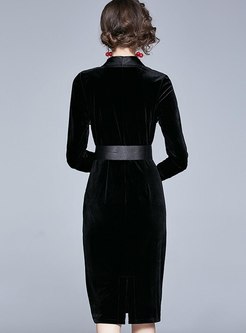 V-neck Satin Patchwork Velvet Knee-length Dress