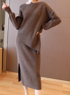 Asymmetric Pullover Split Sweater Skirt Suits