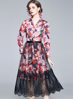 Print A Line Dress With Lace Transparent Skirt