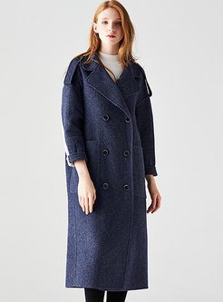 Color-blocked Lapel Double-breasted Long Peacoat