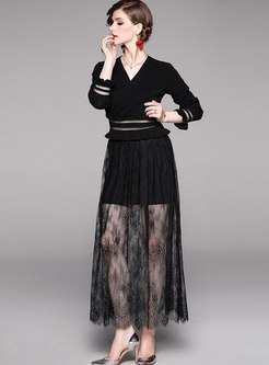 Color Block V-neck Sweater & Lace Patchwork Long Skirt