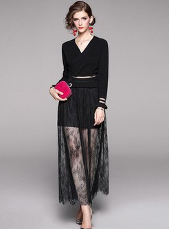 Color Block V-neck Sweater & Lace Patchwork Long Skirt