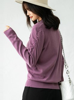 V-neck Pullover Ribbon Ruched Sweater