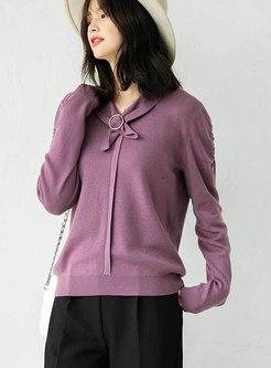 V-neck Pullover Ribbon Ruched Sweater