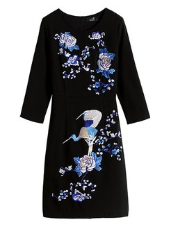 3/4 Sleeve Embroidered Bodycon Mini Dress