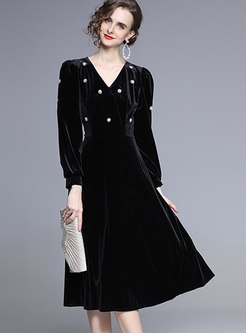 Long Sleeve V-neck Embroidered Velvet Dress