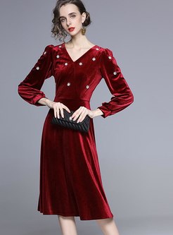 Long Sleeve V-neck Embroidered Velvet Dress