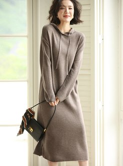 Hooded Drawstring Shift Midi Sweater Dress