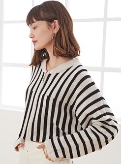 V-neck Color-blocked Striped Loose Cardigan
