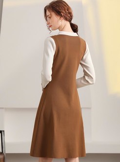 Color-blocked A Line Sweater Knee-length Dress