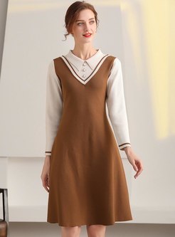 Color-blocked A Line Sweater Knee-length Dress