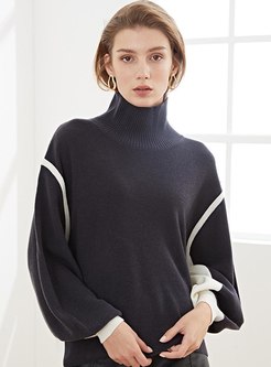 Turtleneck Color-blocked Loose Short Sweater