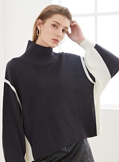 Turtleneck Color-blocked Loose Short Sweater