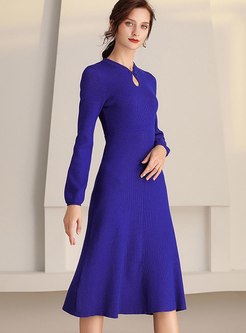 Mock Neck Openwork A Line Knitted Dress