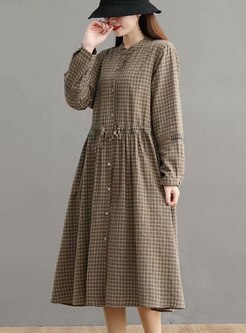 Long Sleeve Plaid Drawstring Midi Dress