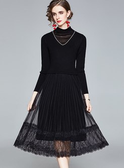 Knitted Patchwork Mesh A Line Pleated Dress