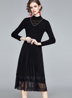 Knitted Patchwork Mesh A Line Pleated Dress