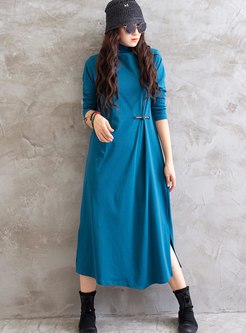 Turtleneck Long Sleeve Plus Size Split Dress