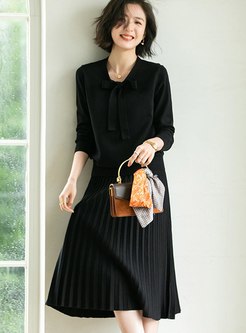 Bowknot Mock Neck Pleated Knitted Skirt Suits
