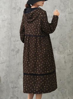 Hooded Print Straight Ruched Long Coat