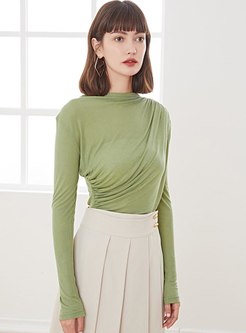 Mock Neck Ruched Pullover Pure Color Sweater