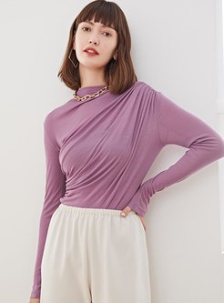Mock Neck Ruched Pullover Pure Color Sweater